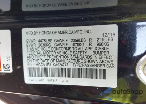 2019 Honda Accord Sport z USA, uszkodzony, nr VIN 1HGCV1F31KA024747